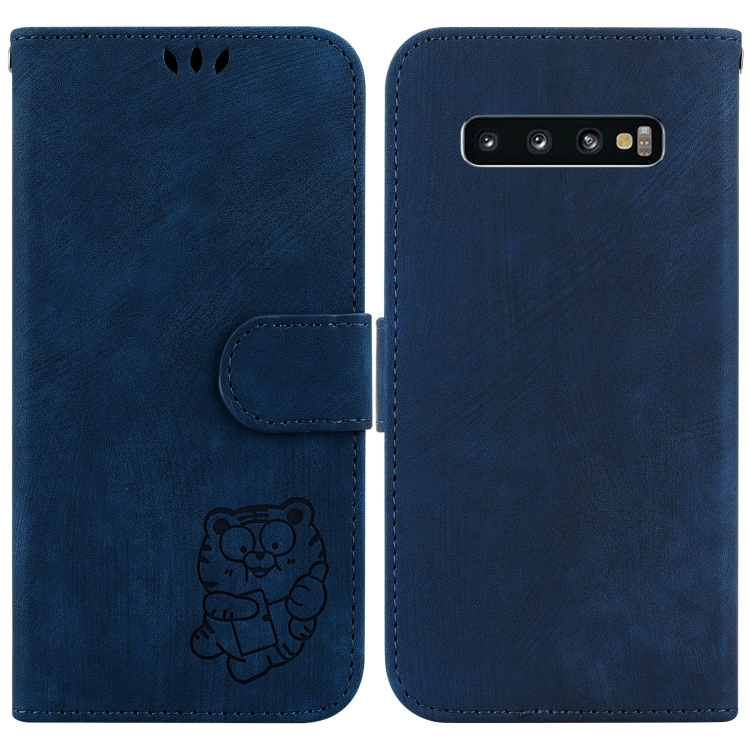 

For Samsung Galaxy S10 Little Tiger Embossed Leather Phone Case(Dark Blue)
