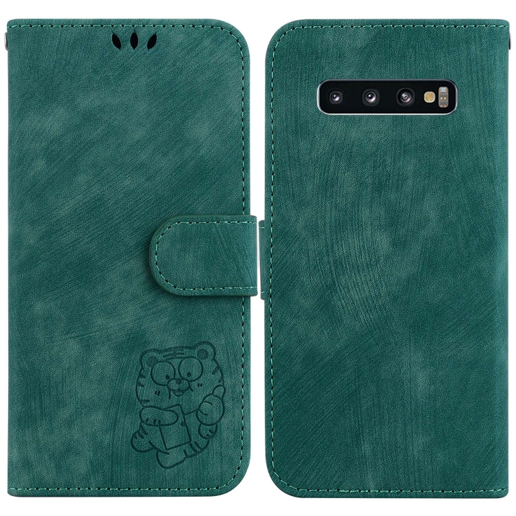 

For Samsung Galaxy S10+ Little Tiger Embossed Leather Phone Case(Green)