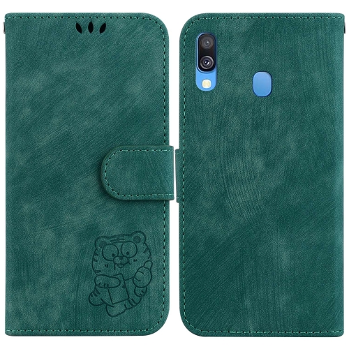 

For Samsung Galaxy A40 Little Tiger Embossed Leather Phone Case(Green)