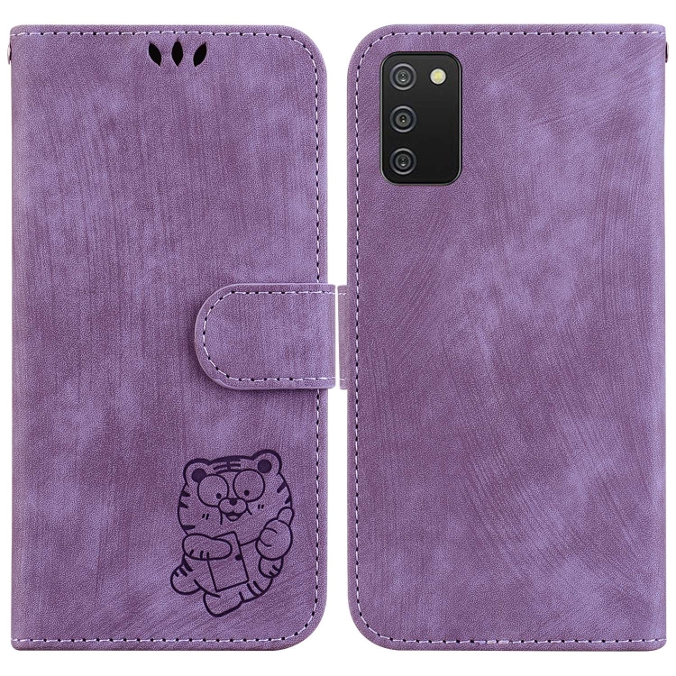

For Samsung Galaxy A02s EU 166.5mm Little Tiger Embossed Leather Phone Case(Purple)