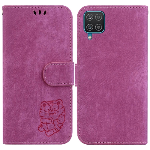 

For Samsung Galaxy A12 Little Tiger Embossed Leather Phone Case(Rose Red)