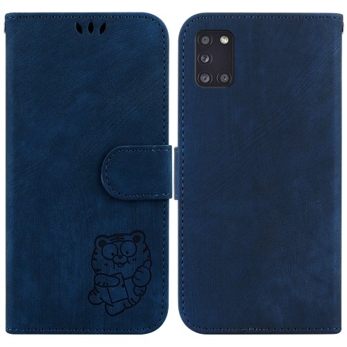 

For Samsung Galaxy A31 Little Tiger Embossed Leather Phone Case(Dark Blue)