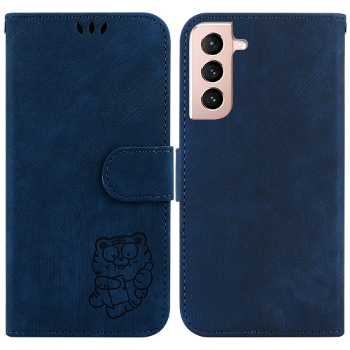 

For Samsung Galaxy S21 5G Little Tiger Embossed Leather Phone Case(Dark Blue)