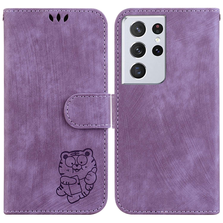 

For Samsung Galaxy S21 Ultra 5G Little Tiger Embossed Leather Phone Case(Purple)