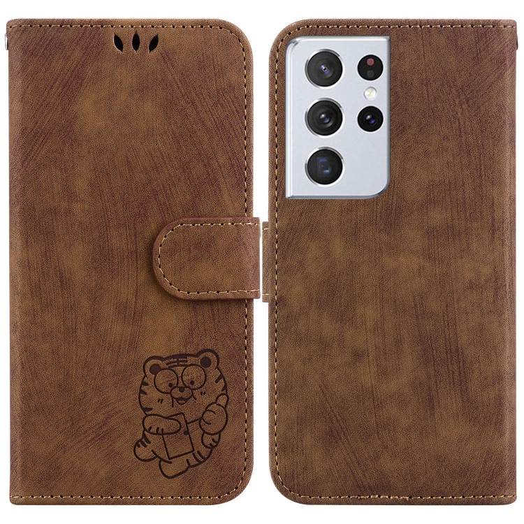 

For Samsung Galaxy S21 Ultra 5G Little Tiger Embossed Leather Phone Case(Brown)