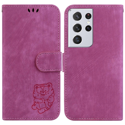 

For Samsung Galaxy S21 Ultra 5G Little Tiger Embossed Leather Phone Case(Rose Red)