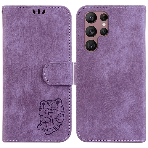 

For Samsung Galaxy S22 Ultra 5G Little Tiger Embossed Leather Phone Case(Purple)