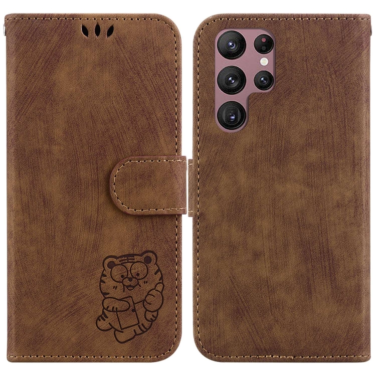 

For Samsung Galaxy S22 Ultra 5G Little Tiger Embossed Leather Phone Case(Brown)