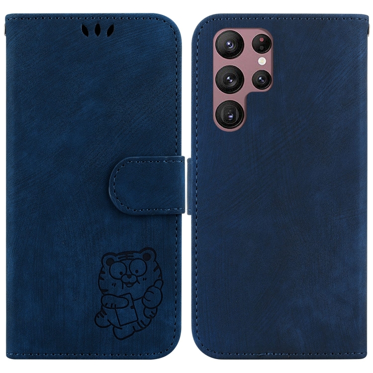 

For Samsung Galaxy S22 Ultra 5G Little Tiger Embossed Leather Phone Case(Dark Blue)