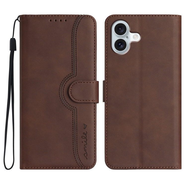 

For iPhone 16 Plus Heart Pattern Skin Feel Leather Phone Case(Brown)