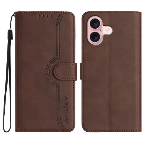 

For iPhone 16 Heart Pattern Skin Feel Leather Phone Case(Brown)