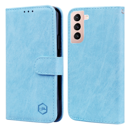 For Samsung Galaxy S21+ Skin Feeling Oil Leather Texture PU + TPU Phone Case(Light Blue) for samsung galaxy s23 ultra skin feeling oil leather texture pu tpu phone case brown