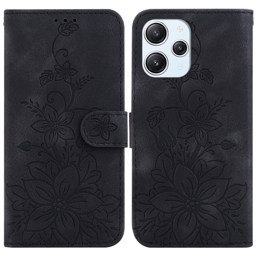 

For Xiaomi Redmi 12 Lily Embossed Leather Phone Case(Black)
