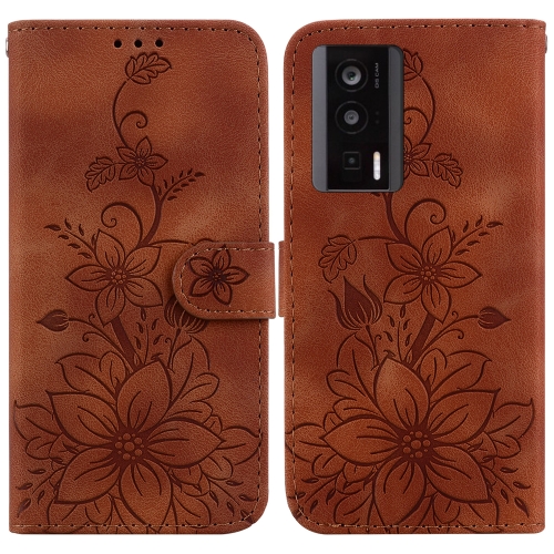 

For Xiaomi Poco F5 Pro/Redmi K60/K60 Pro Lily Embossed Leather Phone Case(Brown)