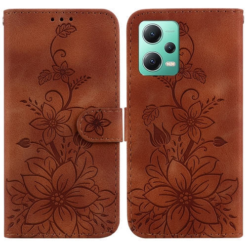 

For Xiaomi Redmi Note 12 5G Global/Poco X5 Lily Embossed Leather Phone Case(Brown)