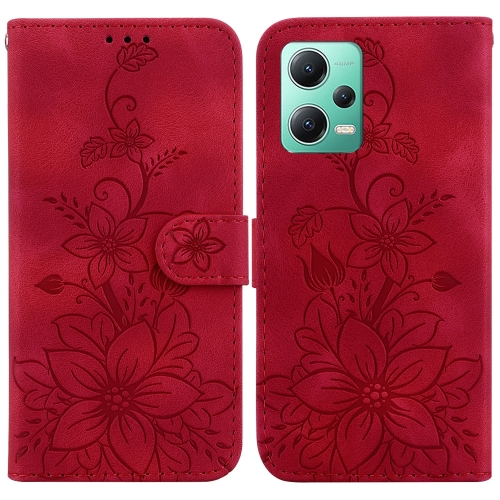 

For Xiaomi Redmi Note 12 5G Global/Poco X5 Lily Embossed Leather Phone Case(Red)