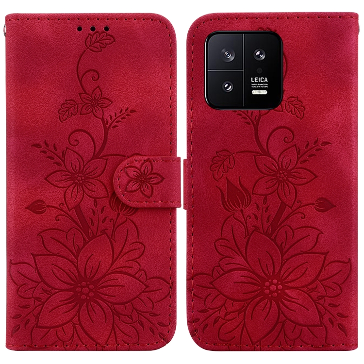 

For Xiaomi 13 5G Lily Embossed Leather Phone Case(Red)