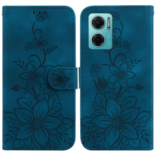 

For Xiaomi Redmi Note 11E / Redmi 10 5G Lily Embossed Leather Phone Case(Dark Blue)