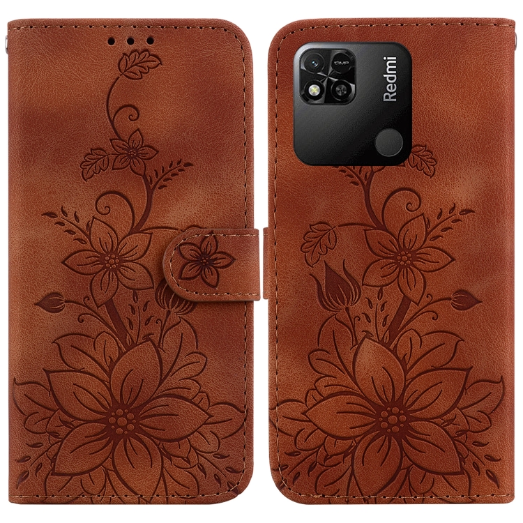 

For Xiaomi Redmi 10A Lily Embossed Leather Phone Case(Brown)