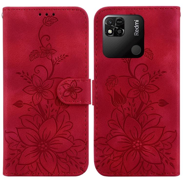 

For Xiaomi Redmi 10A Lily Embossed Leather Phone Case(Red)