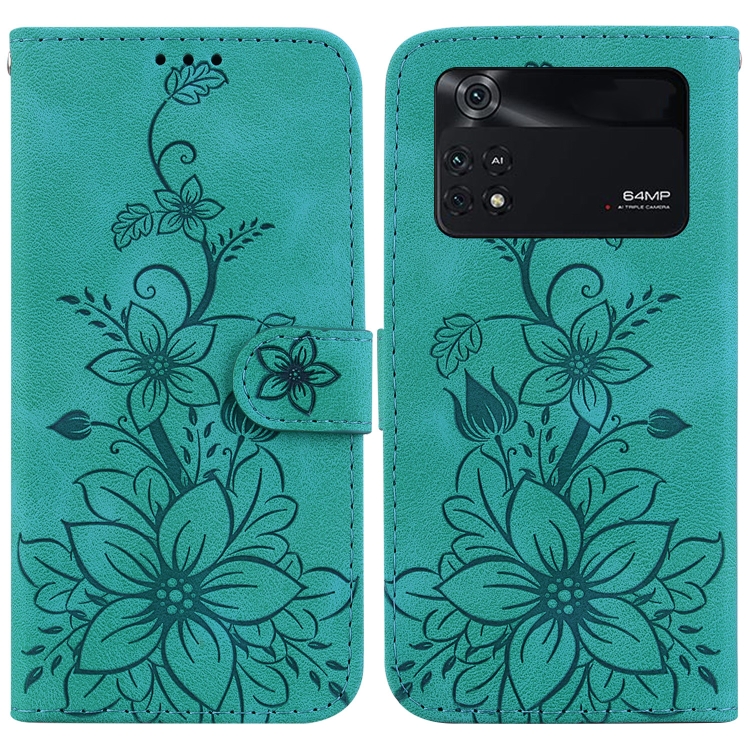 

For Xiaomi Poco M4 Pro Lily Embossed Leather Phone Case(Green)