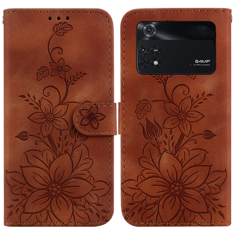 

For Xiaomi Poco M4 Pro Lily Embossed Leather Phone Case(Brown)