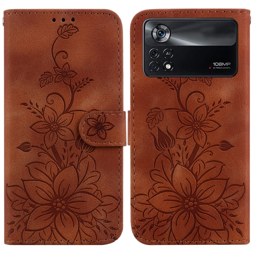 

For Xiaomi Poco X4 Pro 5G Lily Embossed Leather Phone Case(Brown)