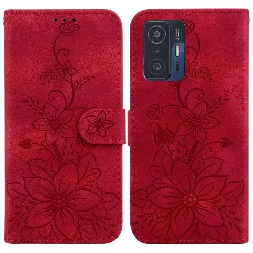 

For Xiaomi 11T / 11T Pro Lily Embossed Leather Phone Case(Red)