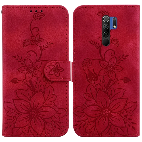 

For Xiaomi Redmi 9/9 Prime / Poco M2 Lily Embossed Leather Phone Case(Red)