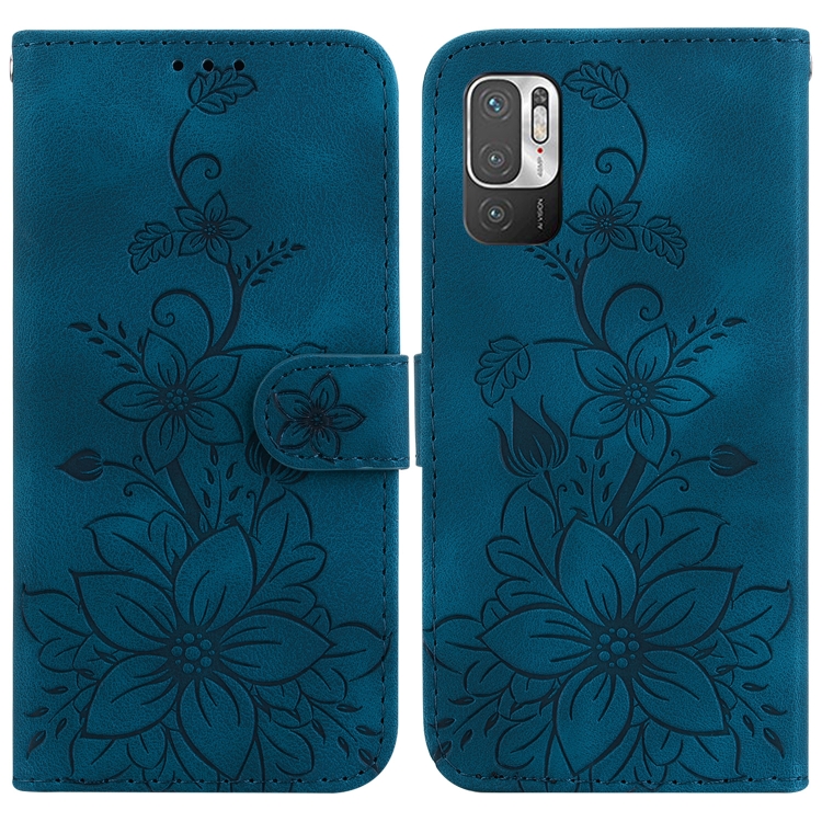 

For Xiaomi Redmi Note 10 5G / Poco M3 Pro Lily Embossed Leather Phone Case(Dark Blue)