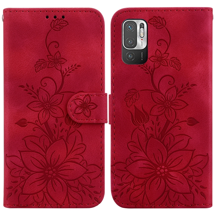 

For Xiaomi Redmi Note 10 5G / Poco M3 Pro Lily Embossed Leather Phone Case(Red)