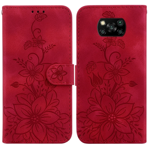 

For Xiaomi Poco X3 NFC / X3 / X3 Pro Lily Embossed Leather Phone Case(Red)