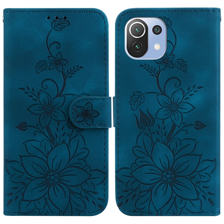 

For Xiaomi Mi 11 Lite 4G/5G Lily Embossed Leather Phone Case(Dark Blue)