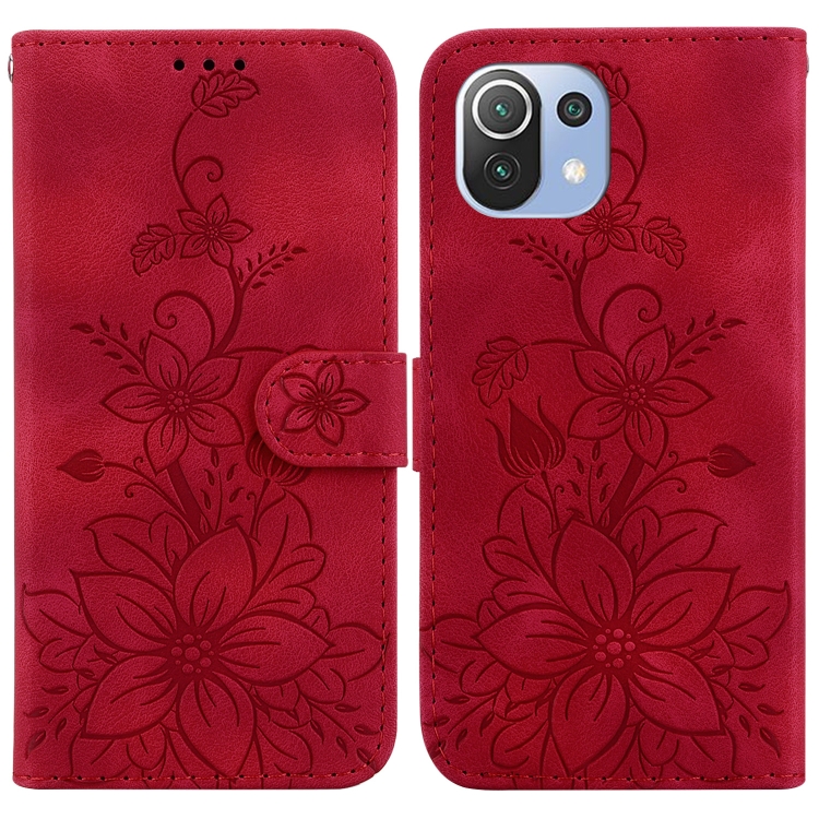 

For Xiaomi Mi 11 Lite 4G/5G Lily Embossed Leather Phone Case(Red)