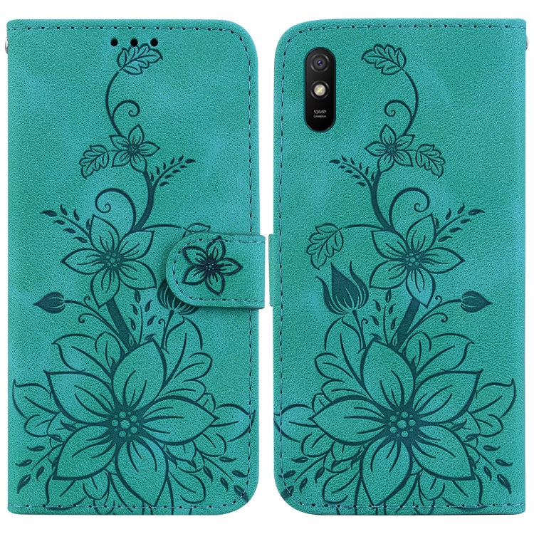 

For Xiaomi Redmi 9A Lily Embossed Leather Phone Case(Green)