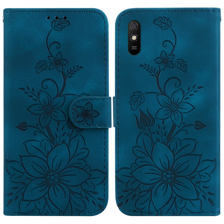 

For Xiaomi Redmi 9A Lily Embossed Leather Phone Case(Dark Blue)