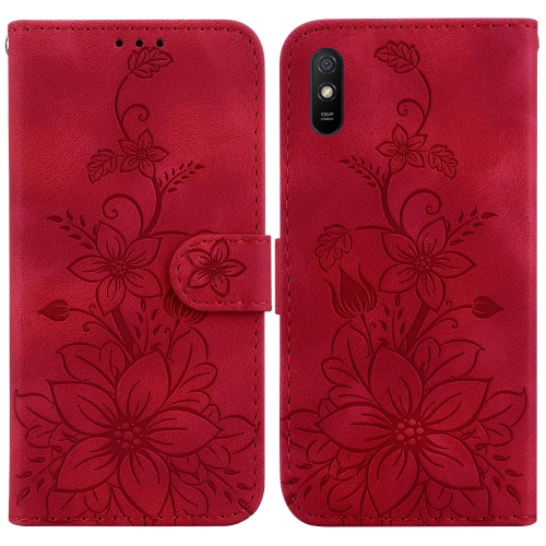 

For Xiaomi Redmi 9A Lily Embossed Leather Phone Case(Red)