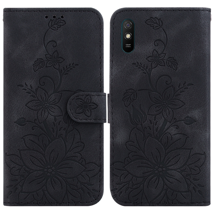 

For Xiaomi Redmi 9A Lily Embossed Leather Phone Case(Black)