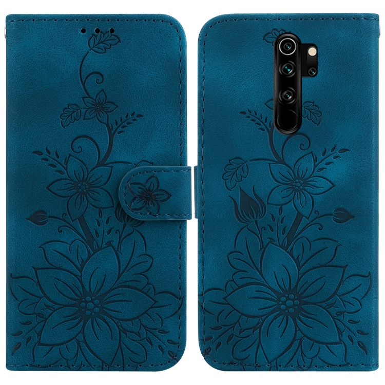 

For Xiaomi Redmi Note 8 Pro Lily Embossed Leather Phone Case(Dark Blue)