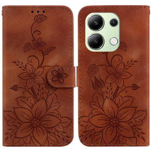 

For Xiaomi Redmi Note 13 4G Global Lily Embossed Leather Phone Case(Brown)