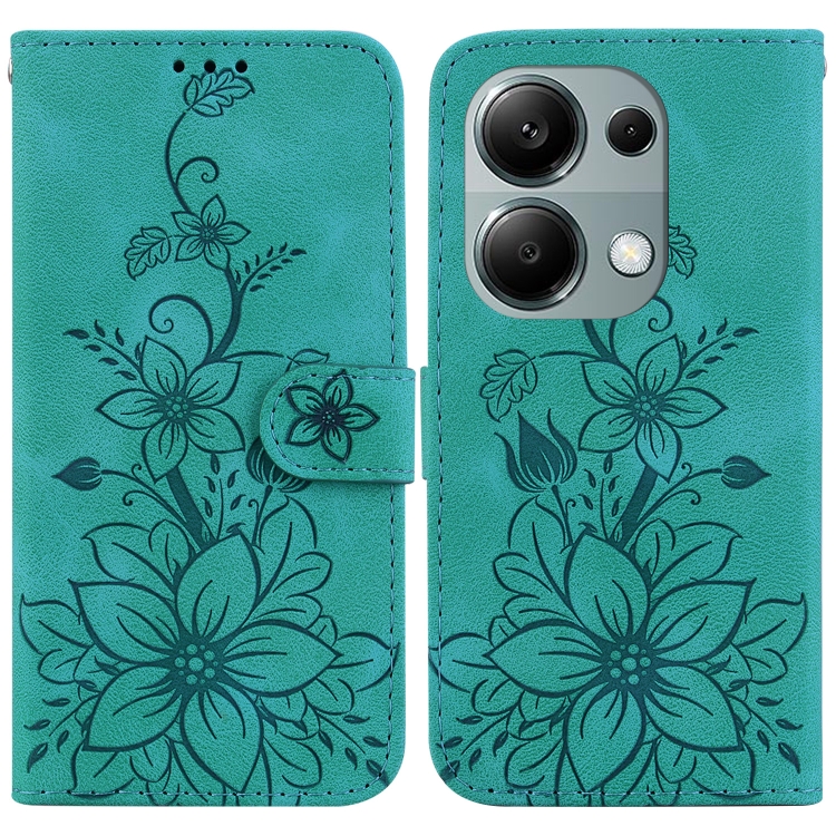 

For Xiaomi Redmi Note 13 Pro 4G Lily Embossed Leather Phone Case(Green)