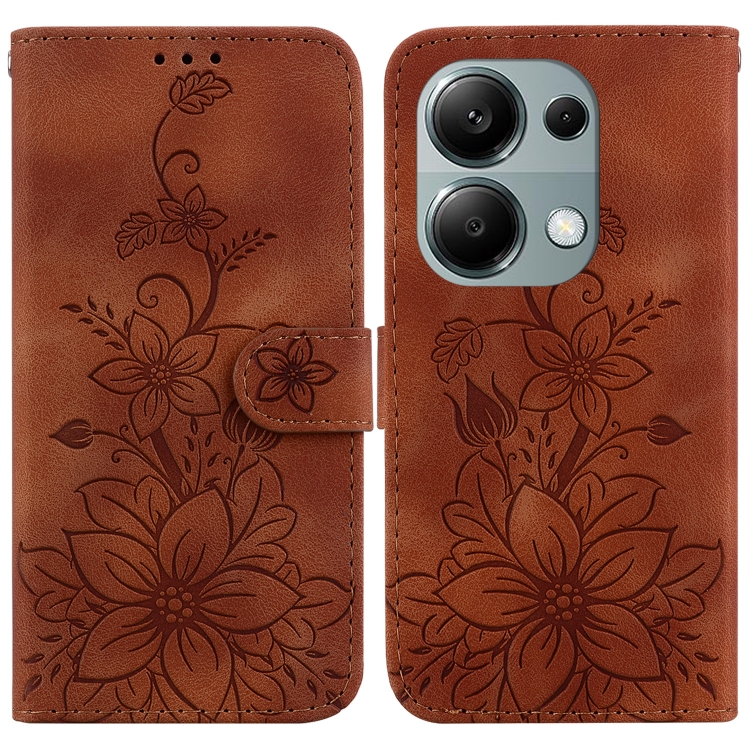 

For Xiaomi Redmi Note 13 Pro 4G Lily Embossed Leather Phone Case(Brown)