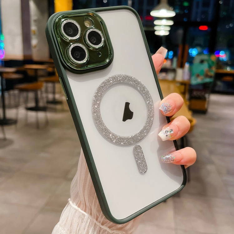 

For iPhone 11 Pro Max MagSafe Gradient Color Glitter TPU + Acrylic Phone Case with Lens Film(Green)