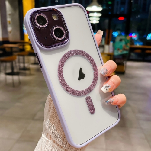 

For iPhone 14 Plus MagSafe Gradient Color Glitter TPU + Acrylic Phone Case with Lens Film(Light Purple)