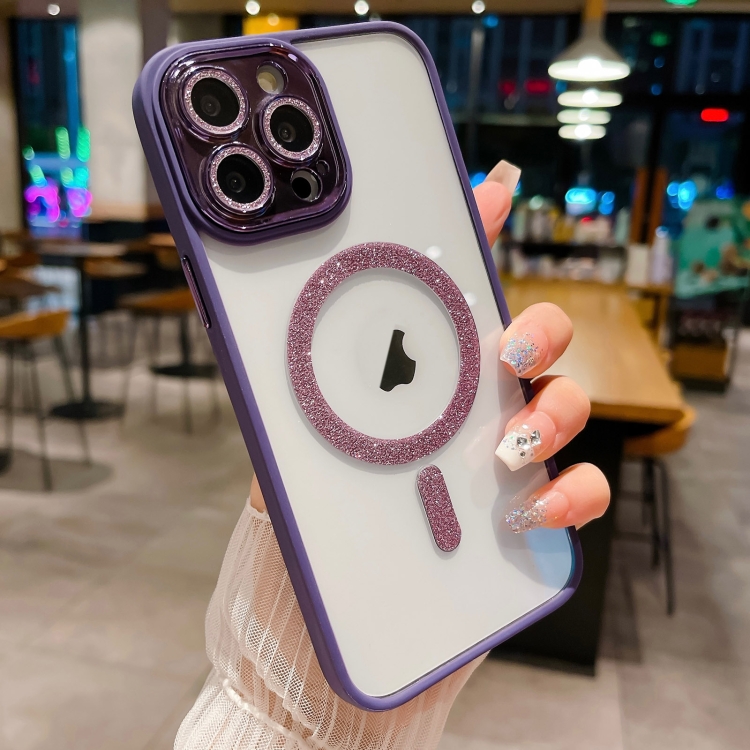 

For iPhone 15 Pro Max MagSafe Gradient Color Glitter TPU + Acrylic Phone Case with Lens Film(Purple)