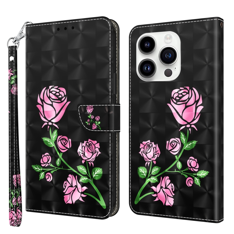

For iPhone 15 Pro 3D Painted Leather Phone Case(Rose)