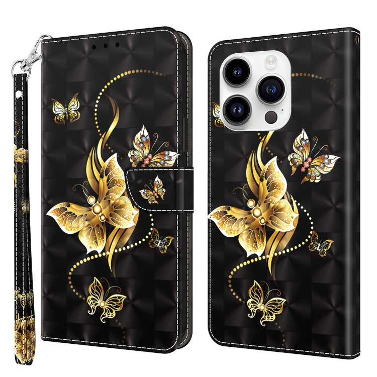 

For iPhone 15 Pro 3D Painted Leather Phone Case(Golden Swallow Butterfly)