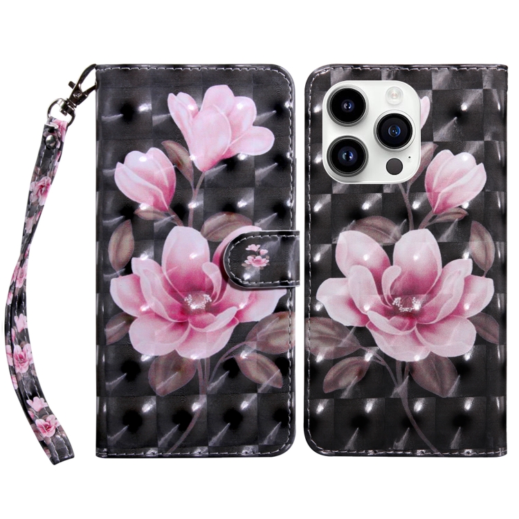 

For iPhone 15 Pro 3D Painted Leather Phone Case(Pink Flower)