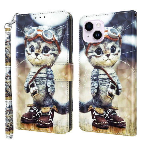 

For iPhone 15 Plus 3D Painted Leather Phone Case(Naughty Cat)