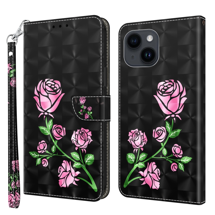 

For iPhone 15 3D Painted Leather Phone Case(Rose)